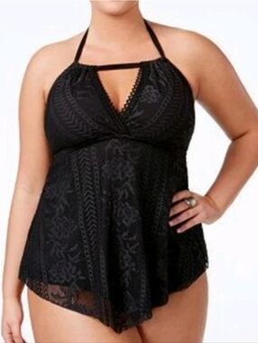 Becca Wireless Halter Tie Neck Swim Top Sz 14/16 Black Crochet Lace Overlay Nwt